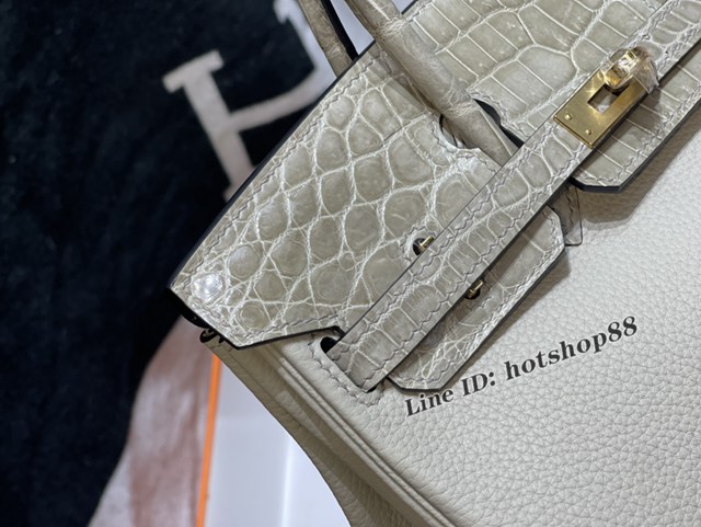 Hermes專櫃Birkin手提女包 愛馬仕togo皮搭配雙面鱷魚皮蓋頭蠟線手縫鉑金包 zhh1000
